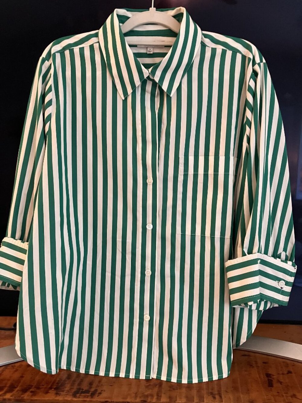 Madewell Green, White Striped 100% Cotton Poplin Buttonup Shirt, Size Large